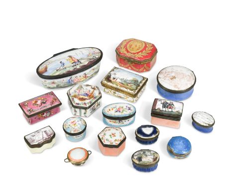A collection of sixteen English and French enamel snuff boxes and patch boxes,mostly 18th and 19th century, one bearing the N