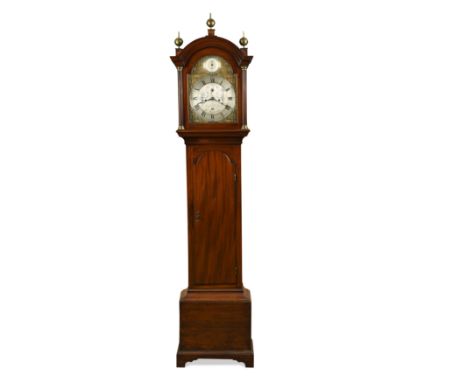 A George III mahogany longcase clock, circa 1800,the breakarch hood with three brass ball finials, the brass and silvered 12"