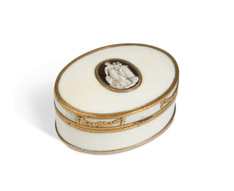 A gold-mounted ivory snuffbox, circa 1790,probably English, the lid with enamel plaque painted en grisaille 8.5cm wideProvena