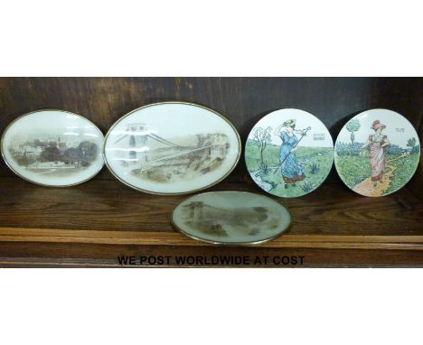 Two 18cm ceramic plaques depicting nursery rhyme characters, Little Bo Peep and My Pretty Maid, together with three oval phot