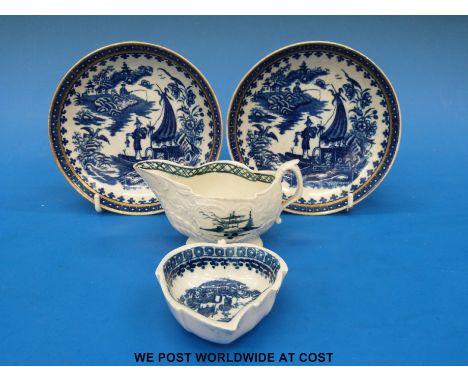 A pair of first / Dr Wall period Worcester porcelain saucers together with a wrythen moulded cream jug and a leaf-shaped sauc