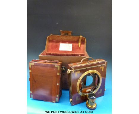 A leather-cased W Watson mahogany and gilt plate camera with two lenses