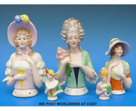 Five ceramic half dolls, the largest two 16.5cm tall, the smallest two 6.5cm tall