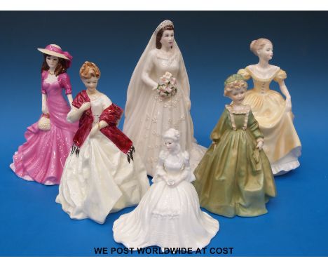 Three Royal Worcester figures including Grandma's Dress, Her Majesty Queen Elizabeth II and First Dance, together with three 