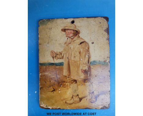 An oil on wooden panel, probably 19thC of a man wearing a smock with stick (20 x 15cm)