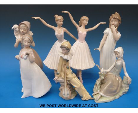 Five Nao and Lladro figures and one figure of dancing girls from the Leonardo Collection