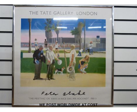 A reproduction Tate Gallery poster "The Meeting" or "Have a Nice Day Mr Hockney" 1981-1983. Framed and glazed (66cm square) 