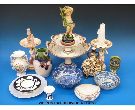 A collection of majolica items for restoration, including an Aesthetic period moon flask, hand-decorated tazzas, Doulton, Pal