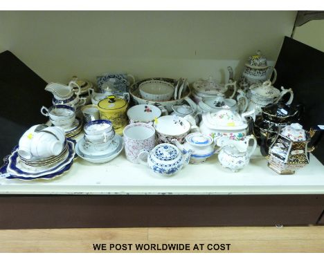 A collection of mainly early 18thC porcelain and pottery including a Delft tile, bat printed sucrier, possibly Swansea porcel