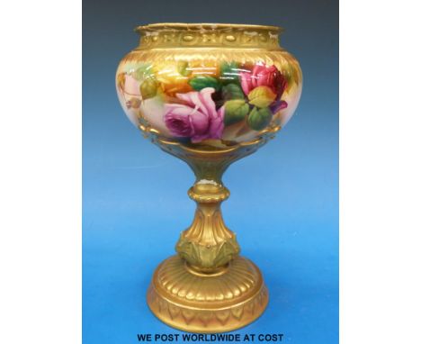 A Royal Worcester pedestal pot pourri decorated with roses, signed Lewis (24.5cm tall) 