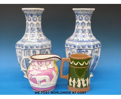 A pair of Chinese octagonal vases, Copeland Spode jug and a relief moulded jug  
