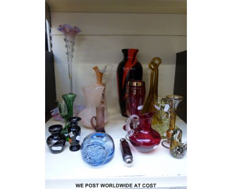 A quantity of coloured glass vases, paperweights etc including an epergne, Mdina, overlay etc