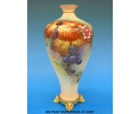 A Royal Worcester and James Hadley footed vase hand-decorated with berries and autumn leaves, signed M Blake (21cm tall) 