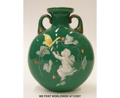 A 19thC Bohemian glass moon flask with enamelled decoration of a putti with playing card and a butterfly and further butterfl