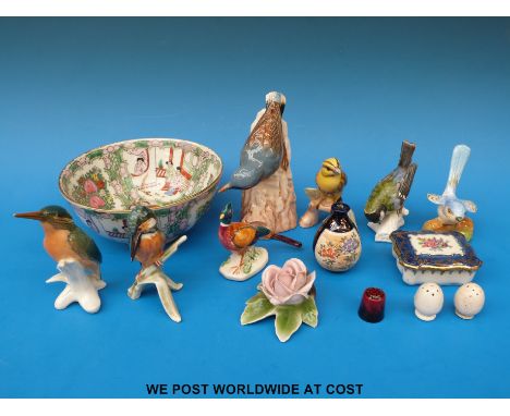 A collection of birds including Goebel, together with a Chinese bowl and other items