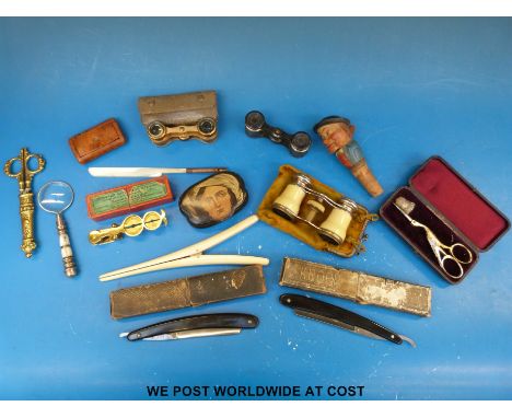 Mixed collectables including stork scissors, brass scissors, three pairs of opera glasses, boxed and named sovereign scales, 