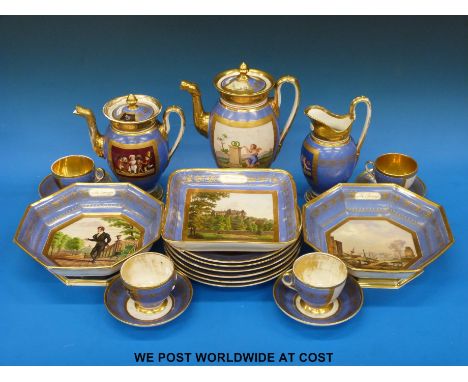A collection of continental Paris Porcelain dinner and tea ware with hand-painted scenes to each and with "M Carranza" cartou