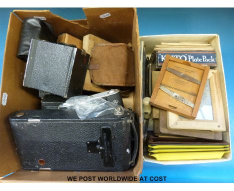 Two boxes of photographic cameras and other items to include Zeiss, Agfa isolette, Ensign folding camera etc 