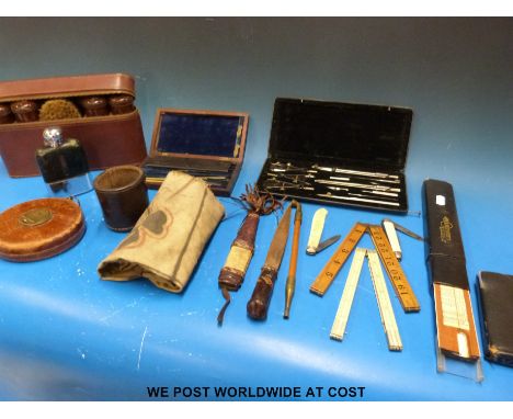Mixed treen including an F J Gould fold-out ruler, Rabone ruler, slide rule, cased drawing items, gentleman's bakelite dressi