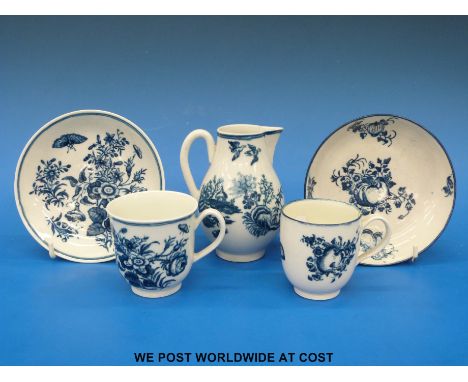 A first / Dr Wall period Worcester sparrow beak jug with fence pattern together with two coffee cups and saucers