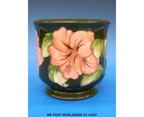 A large Moorcroft planter in Hibiscus pattern on a green ground (height 17cm)