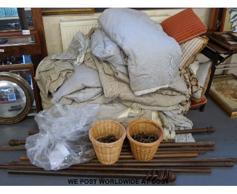 Approximately 10 pairs of curtains, poles, rings, some cushions and some decorative fabric panels/pictures 