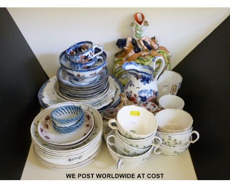 A collection of 19thC porcelain and pottery including an ink stand, Mintons tea ware, a Worcester first period saucer etc