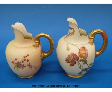 Two Royal Worcester blush ivory flatback jugs, shape no. 1094, green and puce marks (tallest 12.5cm) 