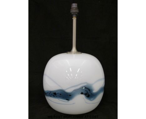Michael Bang for Holmegaard glass lamp of compressed circular form with streaked blue decoration on white ground. 