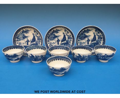 Six first / Dr Wall period Worcester porcelain cups together with three saucers, all in the "Fisherman" pattern