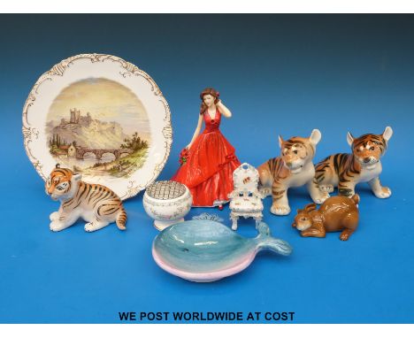 A Royal Doulton figurine "August Poppy" together with three ceramic tigers, a cabinet plate and a small posy bowl