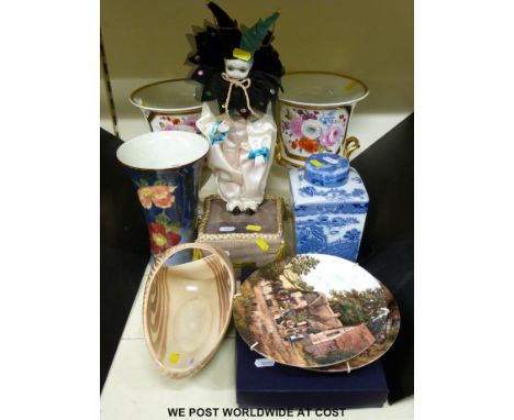 A pair of Campana-shaped vases, a Royal Doulton flared case, a Ringtons tea caddy, a Royal Worcester boxed dish and a retro B