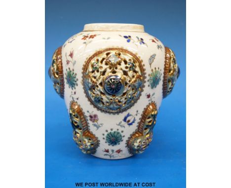 A Zsolnay Pecs Persian-inspired vase with applied and pierced roundels (height 13cm)