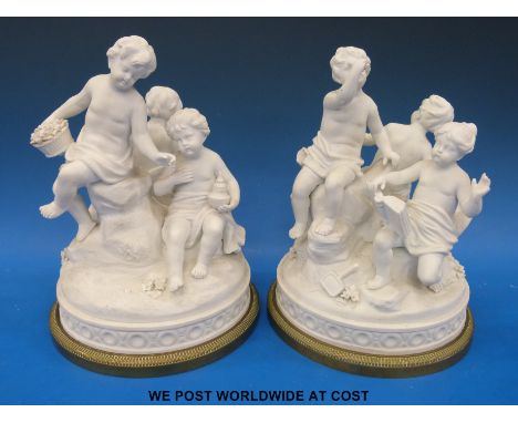 A pair of 19thC possibly Sevres French bisque figural groups set on cast metal bases (H24cm) 