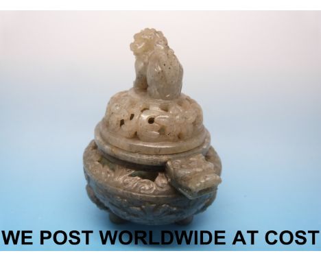 A Chinese jade reticulated tripod censer of spinach type with dragon head handle and Foo Dog finial (10cm tall) 