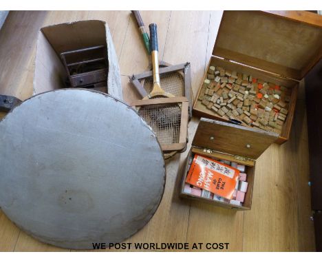 A quantity of collectables to include lace making cushion, Mah Jong set, apprentice chest, fishing display etc