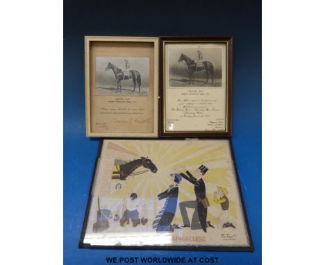 Horse racing ephemera relating to the 1937 Derby winner Mid Day Sun, an Art Deco print with owners, jockey etc paying homage 