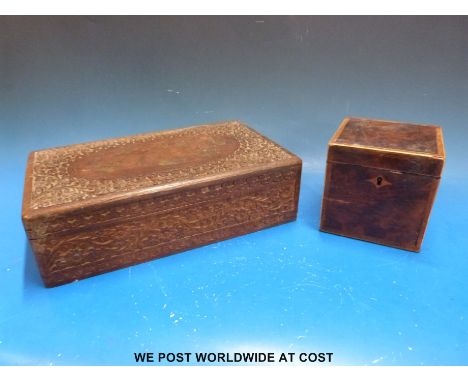 A carved wooden box together with a small inlaid Georgian caddy 