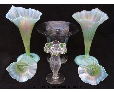 A pair of James Powell vaseline glass vases (H25cm) together with a matching pair of epergne vases and two further examples 