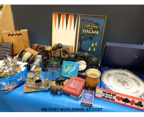 A box of collectables to include collectors spoons, pipes, guilloché dressing table mirror and brushes, vintage French teleph