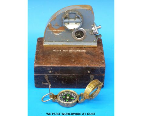 A brass sighting compass and a cased Watts 90° clinometer