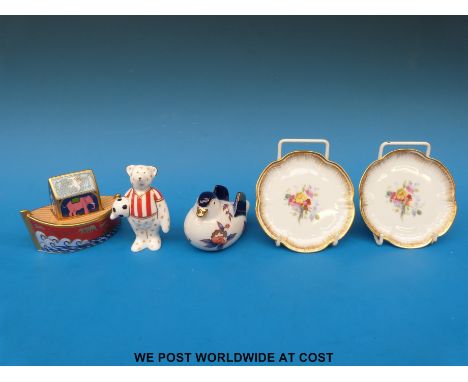 Three Royal Crown Derby paperweights together with two trinket dishes 