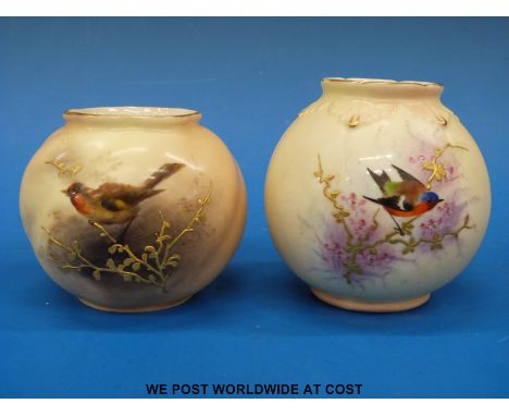 A Royal Worcester hand painted vase decorated with a goldfinch together with a Locke & Co hand painted vase with a similar sc