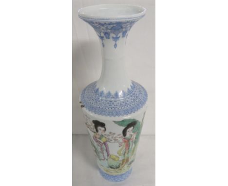 Chinese eggshell porcelain rouleau vase, white ground enamelled in the famille rose palette with two women in garden with scr