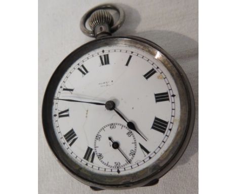 Open face crown winding pocket watch, 925 imported silver case, white enamel dial indistinctly signed Marsh ..., (the crystal