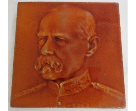 J C Edwards Ruabon treacle glazed portrait tile, 15.5cm square