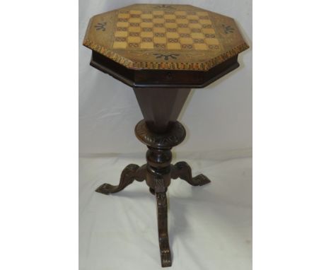 19th century octagonal mahogany workbox with marquetry chequer board top, fitted and compartmented interior lined with paper 