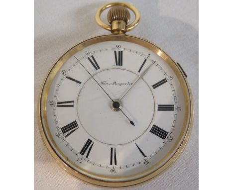 18-carat gold open face crown winding pocket watch, the white enamel dial with Roman chapter and outer Arabic minute ring gra