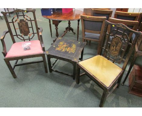 Black lacquered Chinese hand painted low table with decorative stretchers to legs, cut down from a taller table, height 45cm,