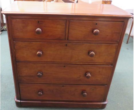 Victorian light mahogany chest of two short over three long drawers with turned wooden handles, height 113cm, width 114cm, de